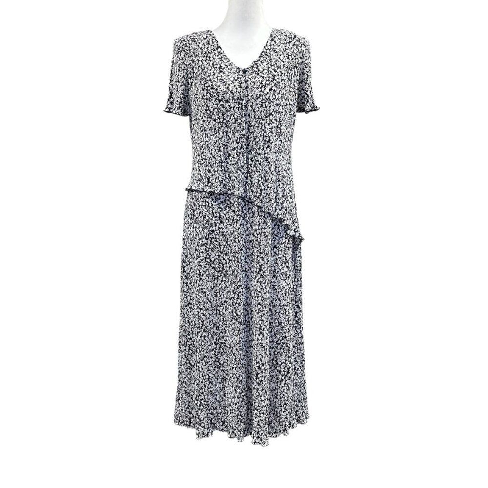 Vintage Connected Layered Short Sleeve Floral Crinkle Modest Midi Dress Sz 6